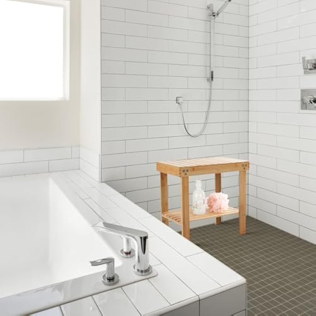 VaeFae Bamboo Bathroom Stools with Non-Slip Feets Storage Shelf for Shampoo Towel, Shower Stools Wooden Stool Works in Living Room/Bedroom/Garden Leisure