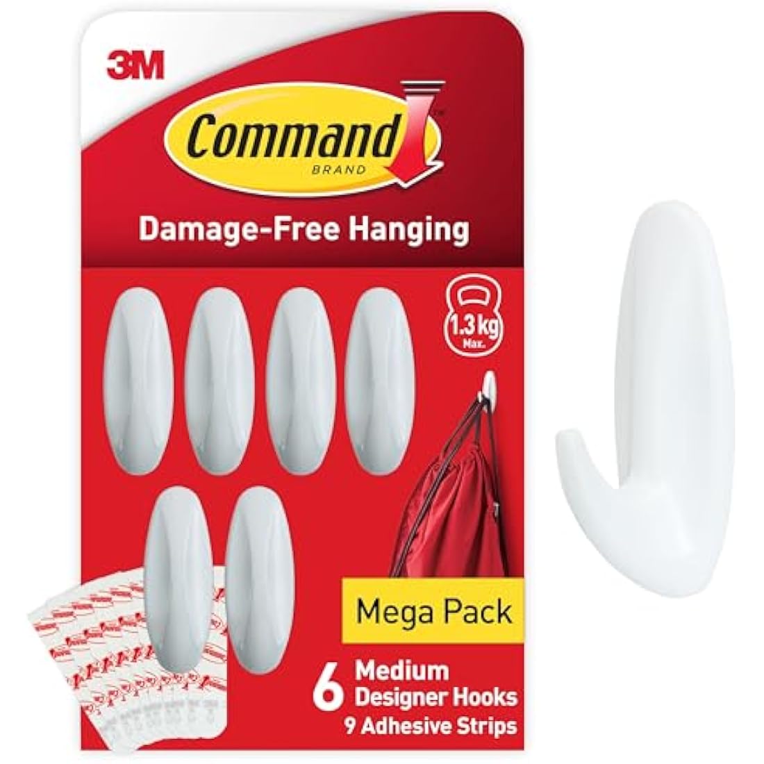 Command Medium Designer Hooks, White - Pack of 6 Hooks and 9 Adhesive Strips - Damage Free Hanging - Holds up to 1.3kg