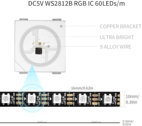 LOAMLIN WS2812B Individually Addressable RGB LED Strip 16.4FT 5050SMD Smart Flexible Dream Full Color 60Pixels/m Balck PCB Light IP30 Non Waterproof DC5V (Black PCB, 16.4FT 300LEDs IP30)
