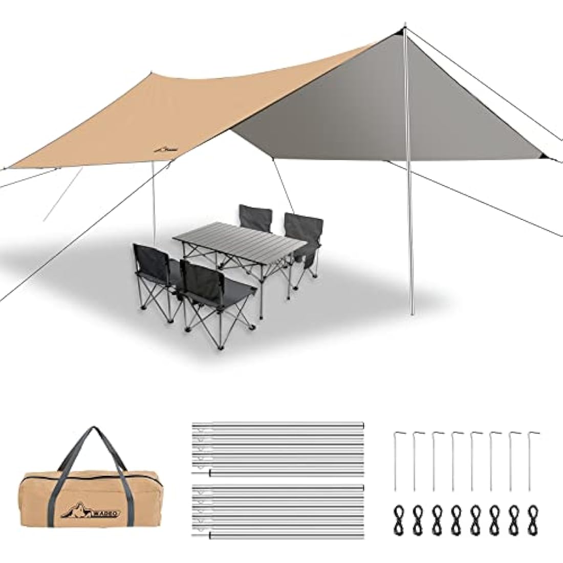 WADEO 3x3.6M/10×12FT Camping Tarp, Waterproof Heavy-Duty Tarp Shelter with Adjustable Poles, UV Protection, Sun & Rain Cover, Hammock Tent for Camping, Beach, Festival