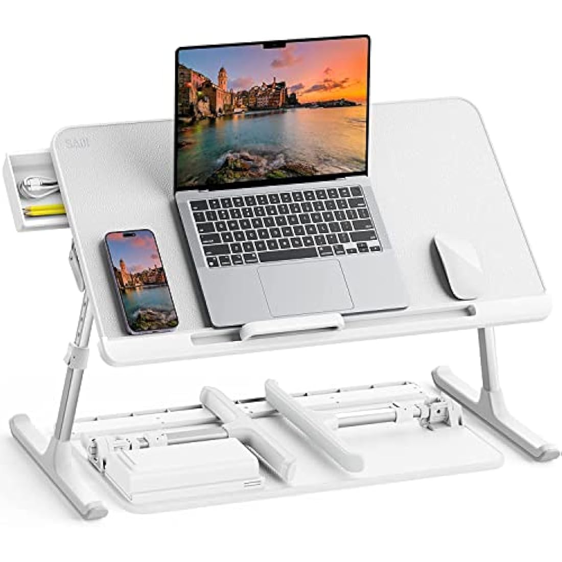 Laptop Bed Table, SAIJI 100% Eco-friendly wooden planks, Laptop Stand with Drawer, Folding Legs, 40kg Load, Angle Height Adjustable, Reading, Eating on Bed, Sofa, Laptop Lap Desk (White 23.6*12.6in)