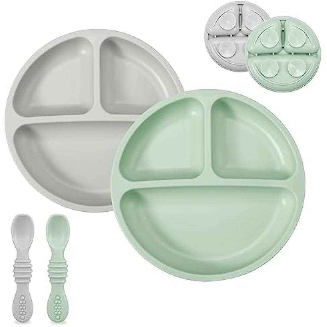 PandaEar 2-Pack Silicone Suction Plates for Babies Weaning with 2 Baby Spoons - Divided Plates for Toddlers and Kids Childrens - Unbreakable Baby Plates with Sections