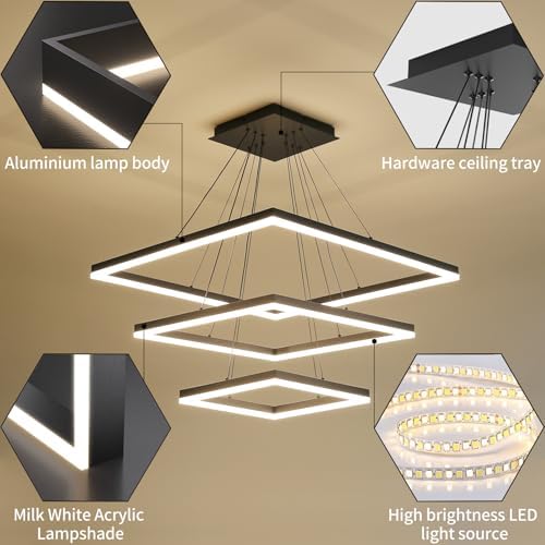Modern LED Chandelier, 3 Ring Square LED Pendant Ceiling Light, Dimmable Foyer Chandelier Lighting Fixture, Adjustable Height Over Table Hanging Light for Living Room, Dining Room,Entryway