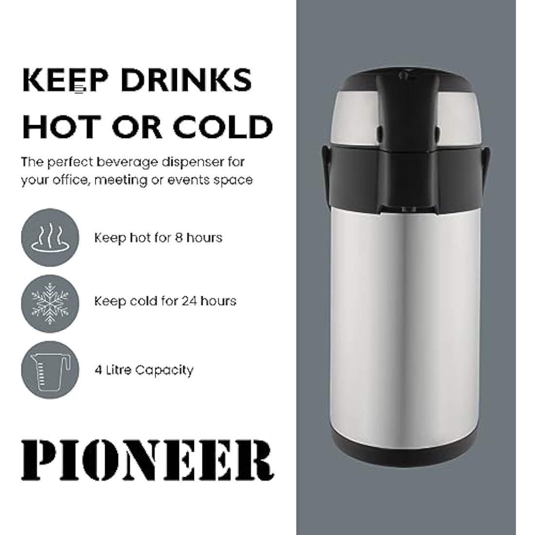 Pioneer Flasks Stainless Steel Airpot Hot Cold Water Tea Coffee Dispenser Conference Event Flask, Satin Finish, 4 litres