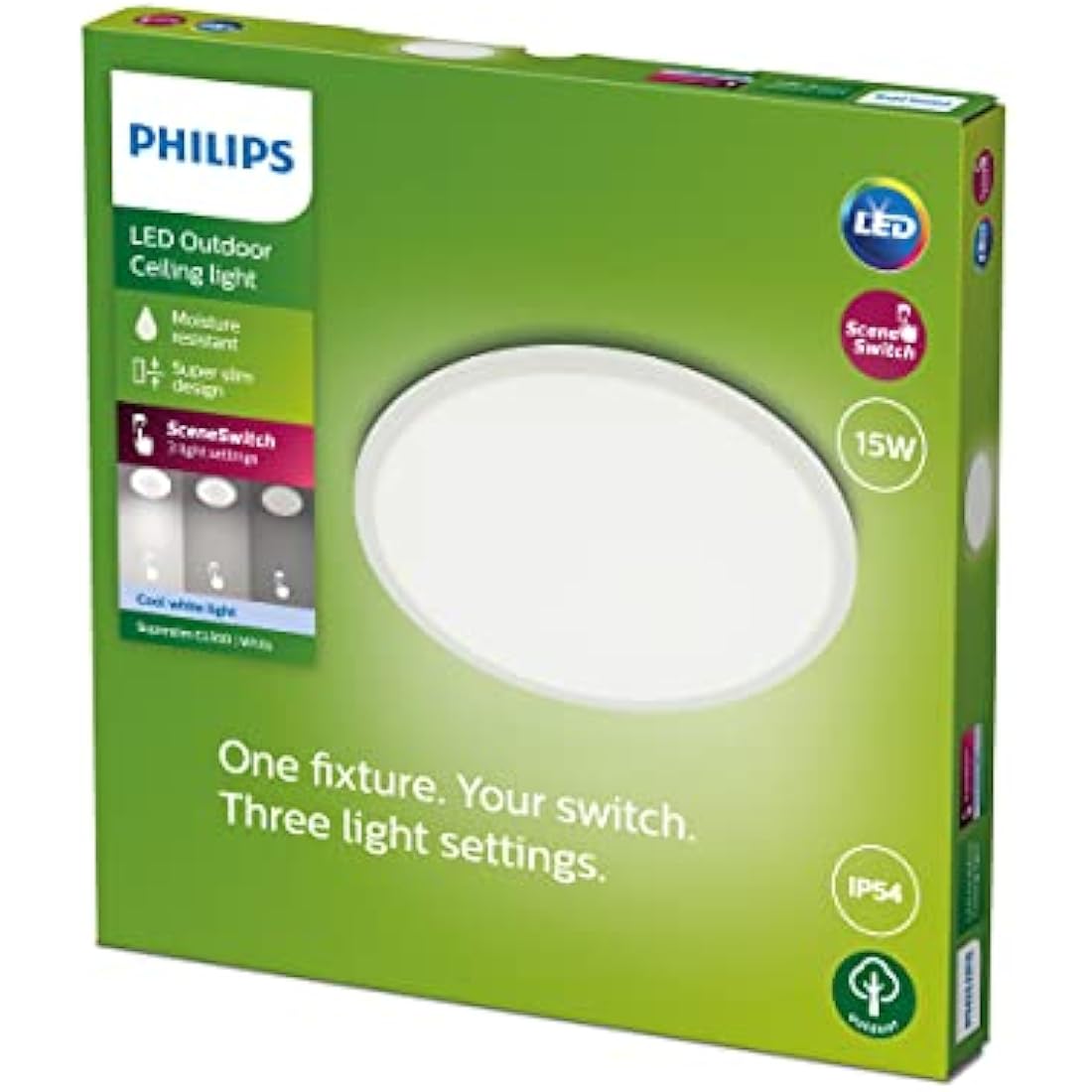 Philips LED Superslim Outdoor Ceiling Light 15W [Cool White - White] Water Resistant IP54, for Garden, Patio and Terrace Lighting.