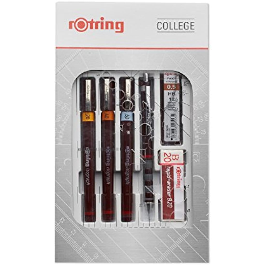 rOtring Isograph Fineliner Pen & Pencil College Set | 3 Technical Pens (0.20mm, 0.40mm, 0.60mm) and Mechanical Pencil (0.5mm) + Accessories