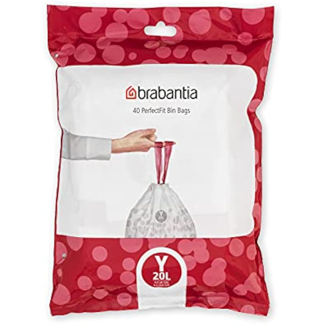 Brabantia 138263 PerfectFit Bin Liners (Size Y/20 Litre) Thick Plastic Trash Bags with Tie Tape Drawstring Handles (40 Bags), White