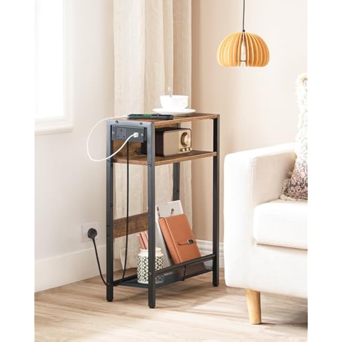 CHOEZON Side Table with Charging Station, Narrow End Table, Slim Nightstand for Small Space, Skinny Beside Table with Storage, for Living Room, Bedroom, Rustic Brown and Black DTBZ05KBF