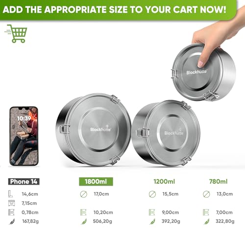 Blockhtte Stainless Steel Lunch Box, Round I 1800ml with Spork I Tiffin, Stainless Steel Food Containers Leakproof  Bento Metal Lunch Box for Adults