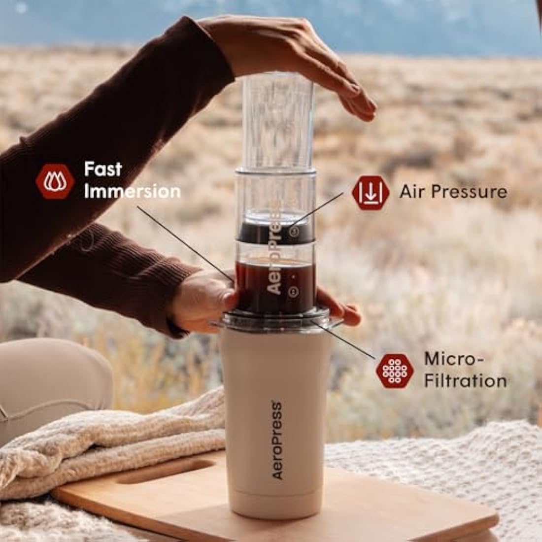 AeroPress Go Plus, Small Portable Coffee Maker for Travel & Camping - 3 In 1 Brew Method Combines French Press, Pourover, Espresso, Full Bodied Coffee without Bitterness, Coffee Press Kit - Cream