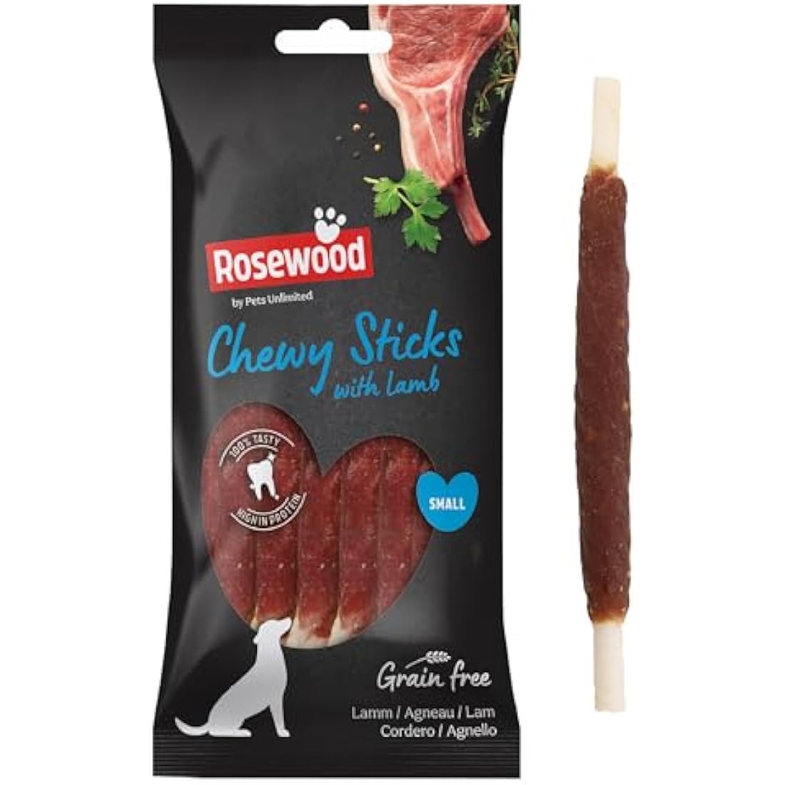 Rosewood Small Chewy Sticks for Dogs - Made with Lamb, Grain Free Chews, High Protein Dog Treats, By Pets Unlimited (8pc, 72g)
