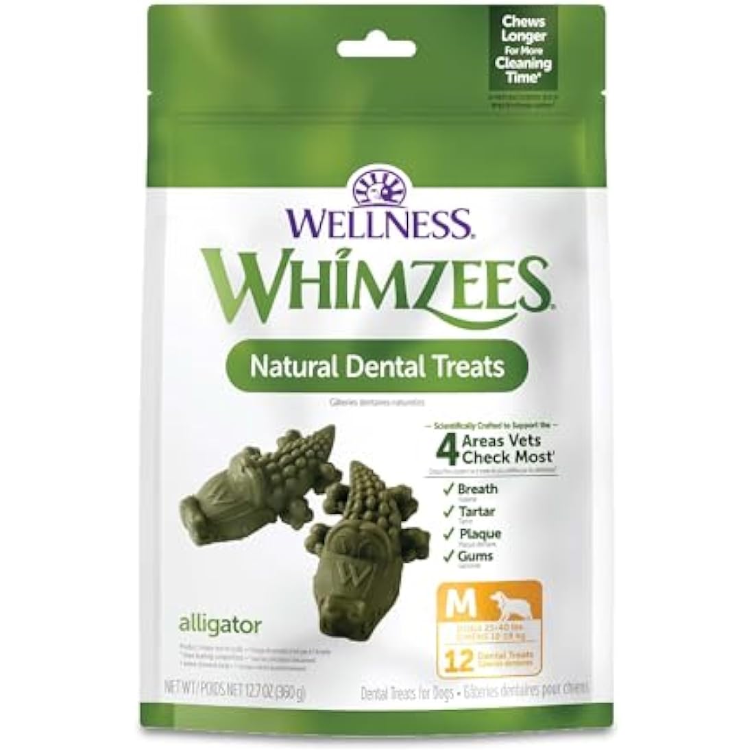 WHIMZEES by Wellness Alligator Natural Dental Chews for Dogs, Long Lasting Treats, Grain-Free, Freshens Breath, Medium Breed, 12 Count