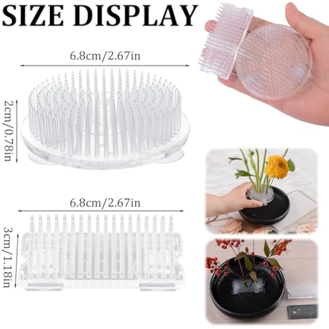 WANDIC 2Pcs Flower Frog, Round Rectangle Clear Plastic Ikebana Kenzan Frog Japanese Holder with 3 Suckers for DIY Flower Craft