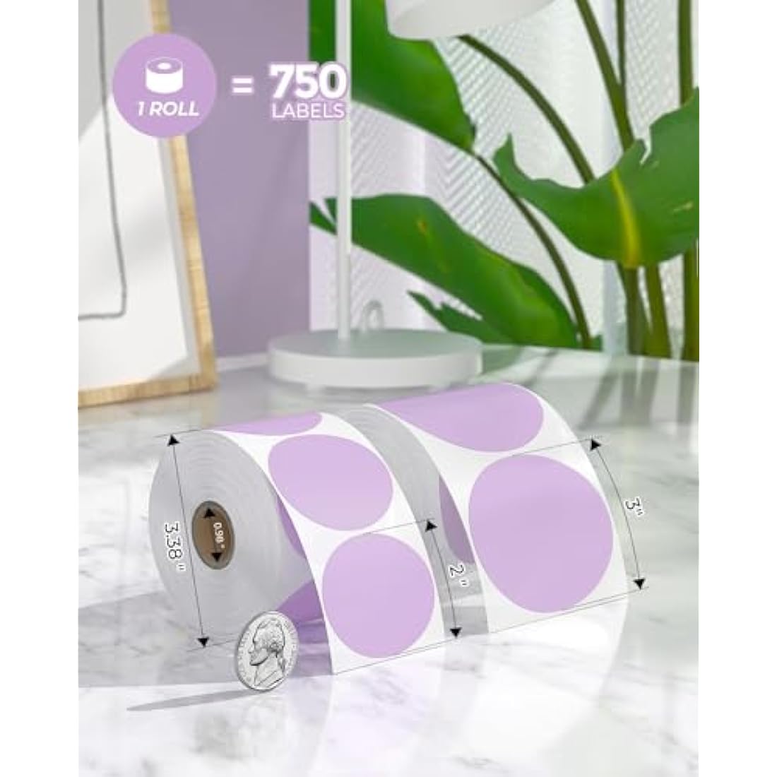 MUNBYN 50x50mm Purple Circle Thermal Sticker Labels, Self-Adhesive Round Direct Thermal Labels, Multi-Purpose Roll Sticker for DIY Logo Design, QR Code, Name Tag, Inventory-750 Sheet/1 Roll