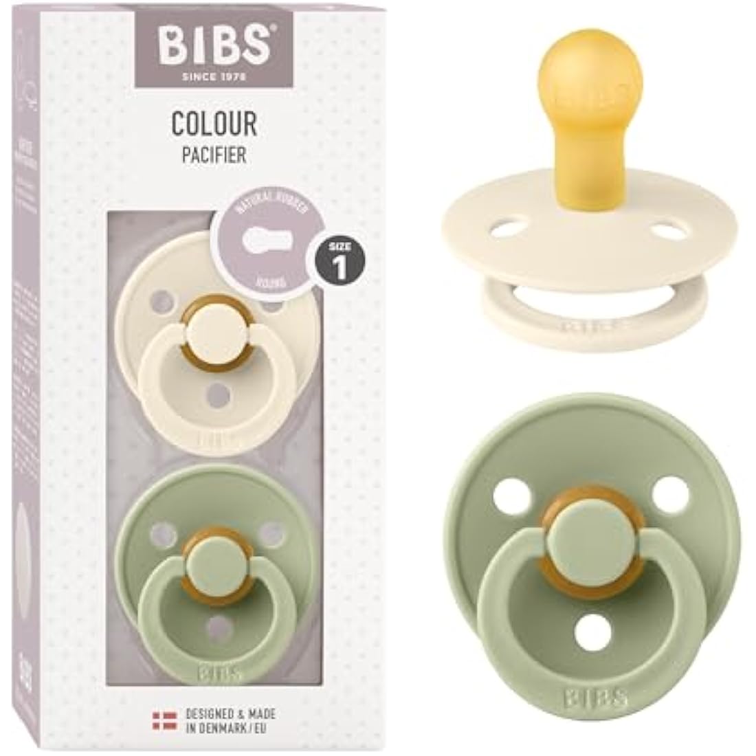 BIBS Colour Soother 2-Pack, BPA Free Dummy Pacifier, Round Nipple. Natural Rubber Latex, Size 1 (0-6 Months), Ivory/Sage
