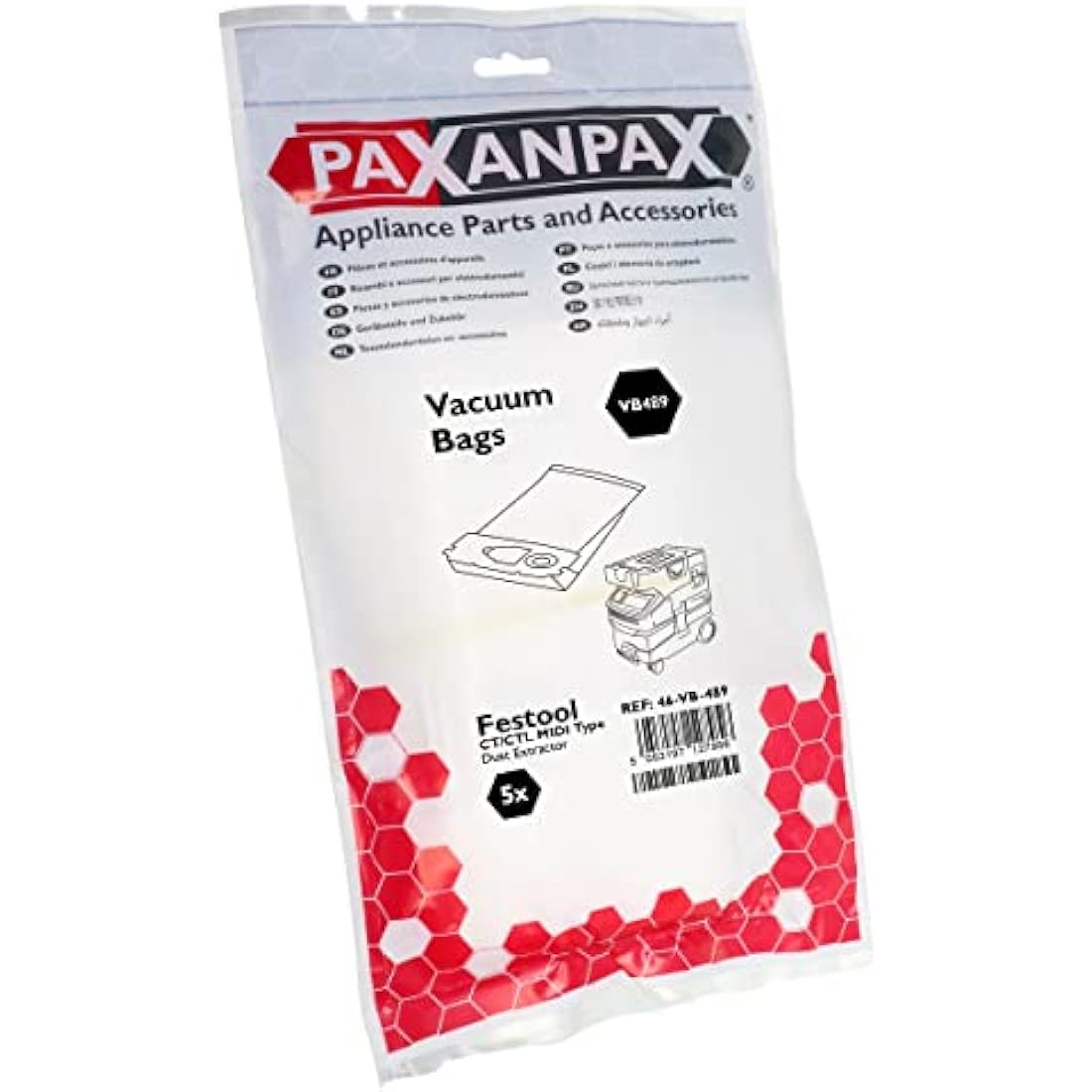 Paxanpax VB489 Dust Extractor SMS Bags for Festool CT/CTL MIDI Type Vacuum Cleaner (Pack of 5), Polyester