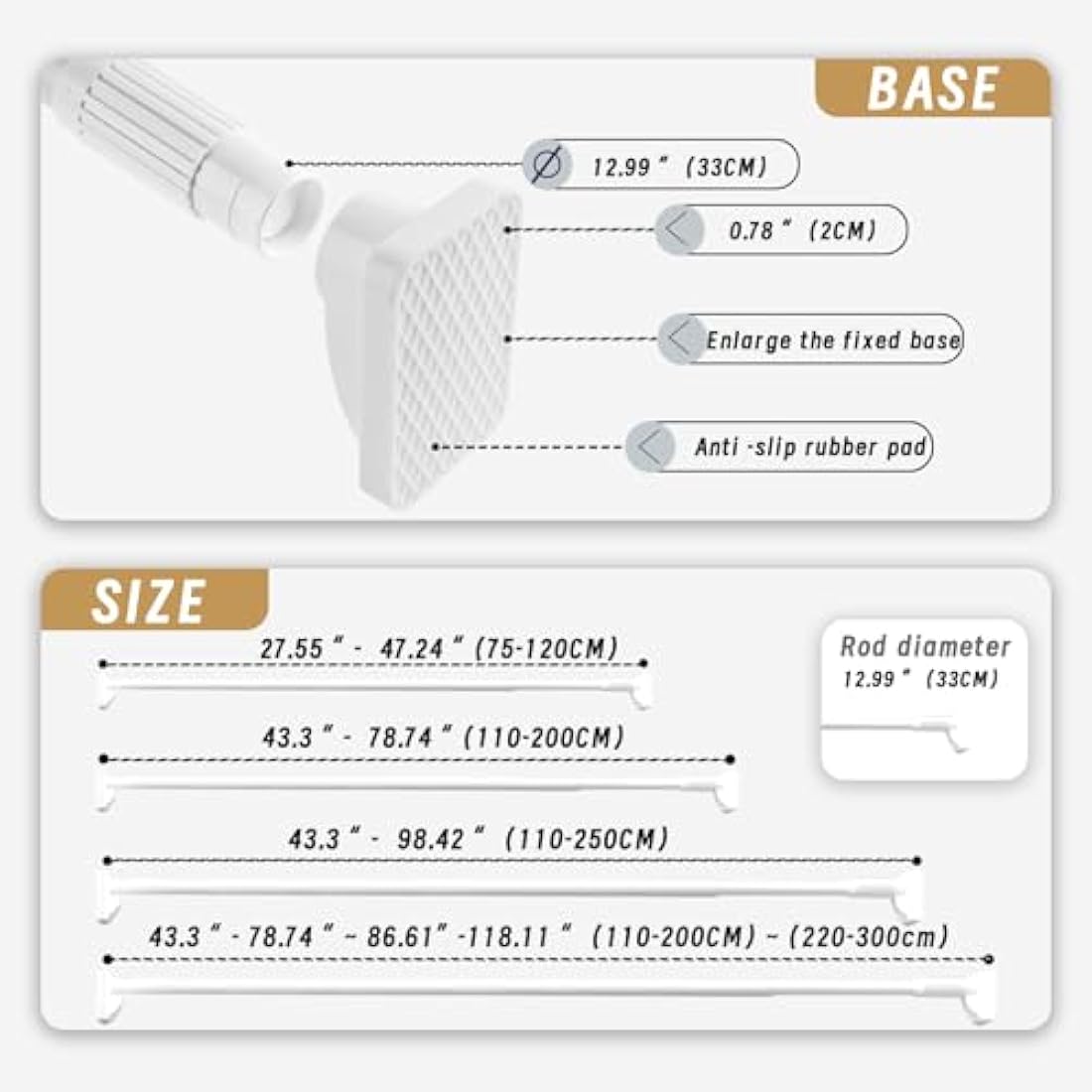 Heavy Duty Tension Pole - 33mm Steel Clothes Rail & Curtain Rod 110-300cm, No Drill Telescopic Pole, Supports 35kg,Multi-Purpose for Drying, Hanging, Bathroom, Kitchen, Wardrobe