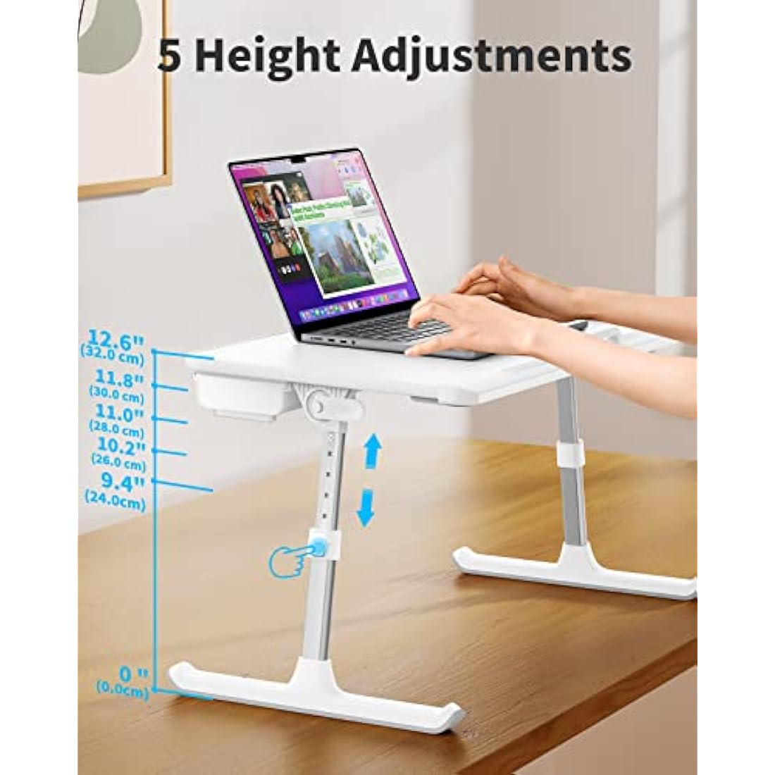 Laptop Bed Table, SAIJI 100% Eco-friendly wooden planks, Laptop Stand with Drawer, Folding Legs, 40kg Load, Angle Height Adjustable, Reading, Eating on Bed, Sofa, Laptop Lap Desk (White 23.6*12.6in)