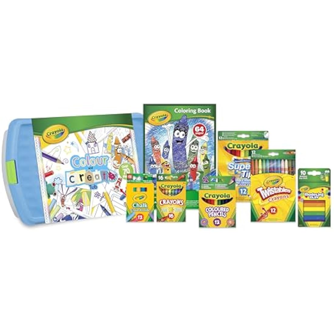 CRAYOLA Colour and Create Tub - Including Crayons, Markers, Pencils, Pens, Chalks, Colouring Book and Stickers, Kids Arts and Crafts, Ideal for Kids Aged 4+