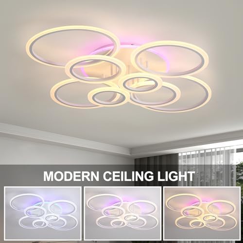 ZAITINZ dimmable Modern Ceiling Lights,80W led Ceiling Light Acrylic,Bedroom Ceiling Light White,8-Rings Ceiling Lights Living Room,Kitchen Lights Ceiling Indoor,Ceiling Lights Round 3000-6000K