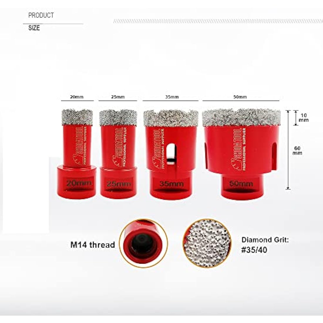 SHDIATOOL Dry Diamond Drill Core Bits 4pcs/Set Dia 20/25/35/50mm Vacuum Brazed M14 Connection for Tile Porcelain Granite Marble