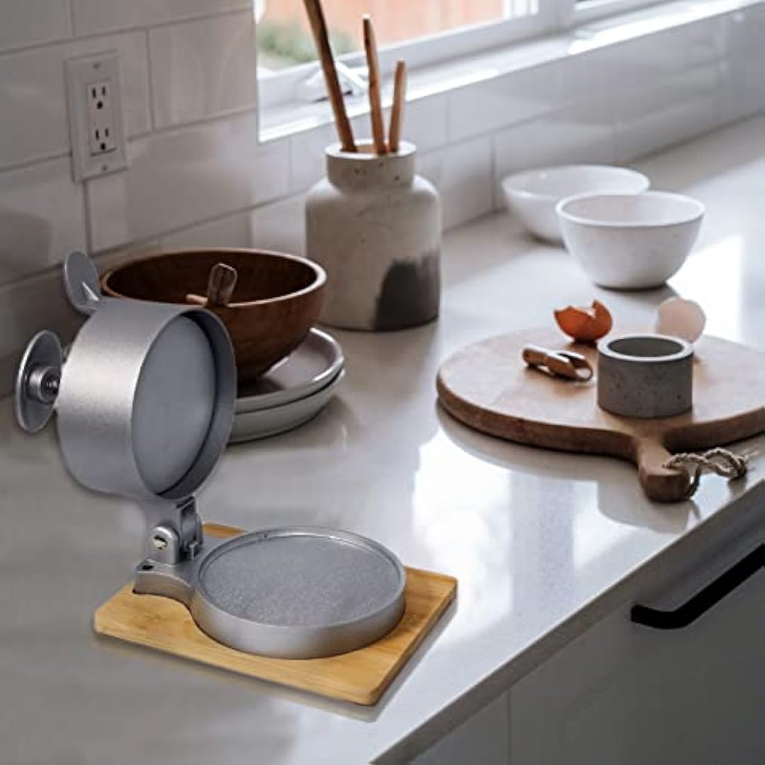 laffeya Hamburger Press Patty Maker, Patty Press & Wood Stand, Patty Makers, Adjustable Spring Burger Press, Push Plunger Hamburger Press (Spring Burger Press)