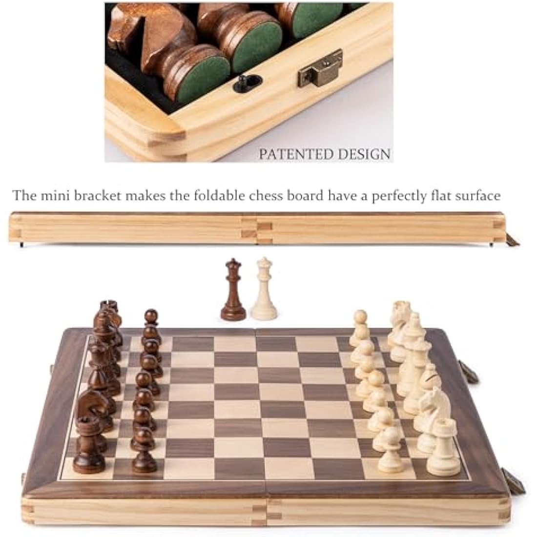 A&A 15" Magnetic Wooden Chess Set/Folding Board / 3" King Height German Knight Staunton Chess Pieces/Walnut & Maple Inlaid /2 Extra Queen