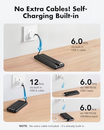 Charmast Power Bank, 20,000mAh Built-in 4 Cables Portable Charger, 20W Fast Charging Battery Pack with 4 Ports, USB-C Powerbank for iPhone 16/15/14 Series, iPad, AirPods, Android Phone,and more(Black)