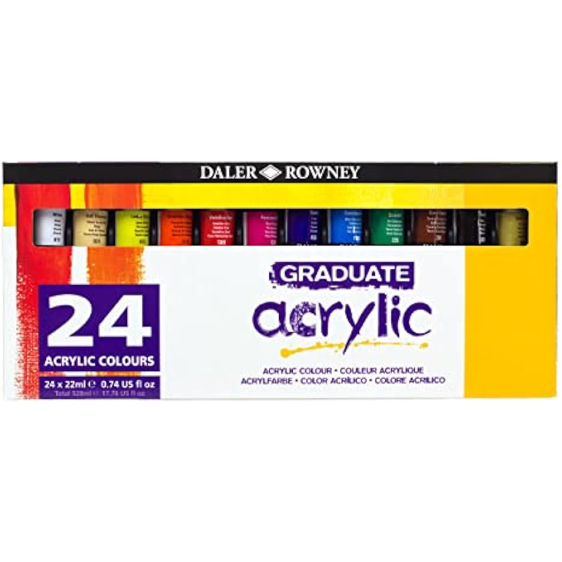 Daler-Rowney Graduate 22ml Acrylic Paint Set, 24 Assorted Colours, High Lightfastness, Water-Based, Solvent-Free, Ideal for Student Artists & Hobbyists