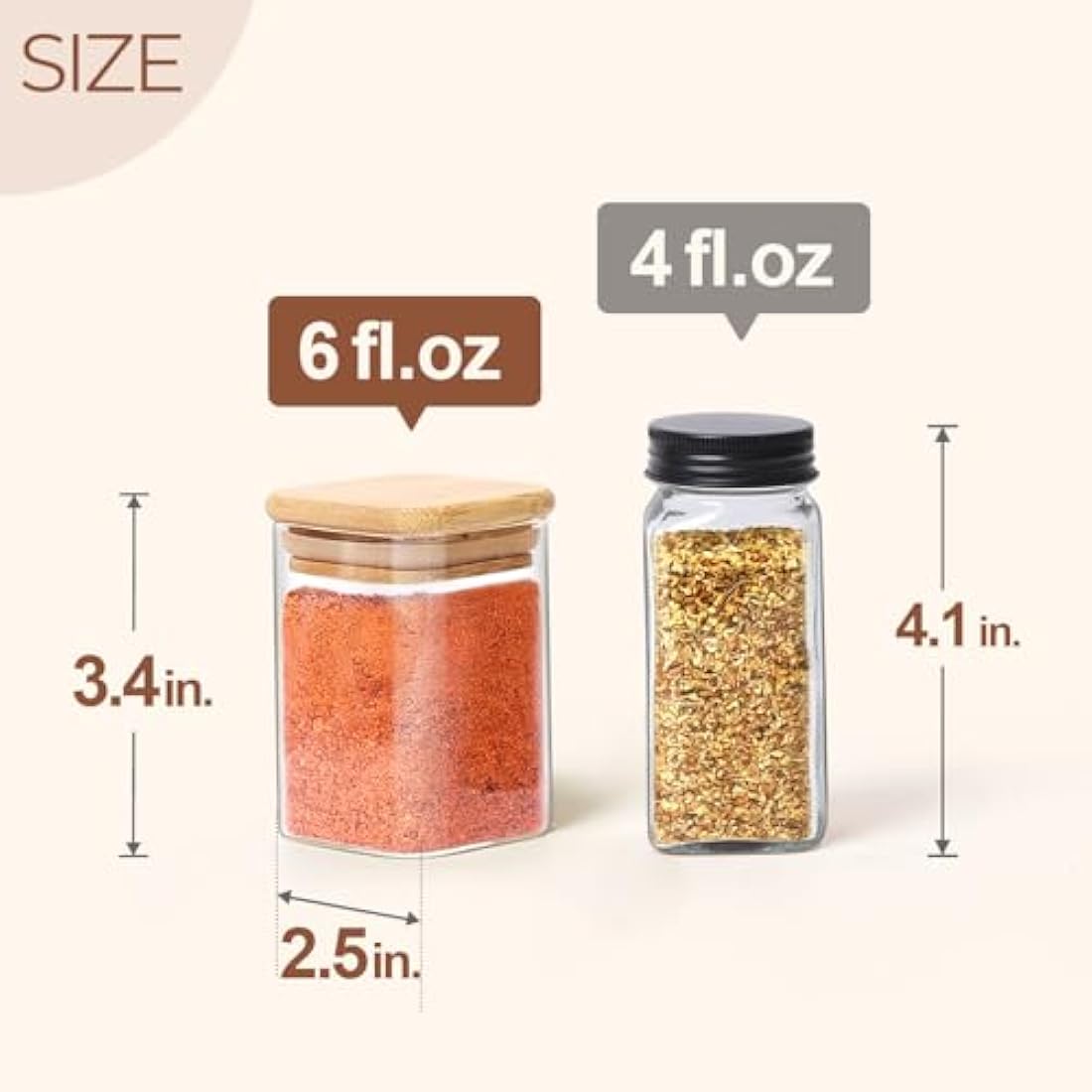 ComSaf 16 Pcs Glass Spice Jars with Bamboo Lids, 6oz/180ml Square Glass Storage Jars with 275 Black Lables, Airtight Spice Jars with Lids, Glass Container for Spice, Salt, Sugar, Seeds, Nuts etc