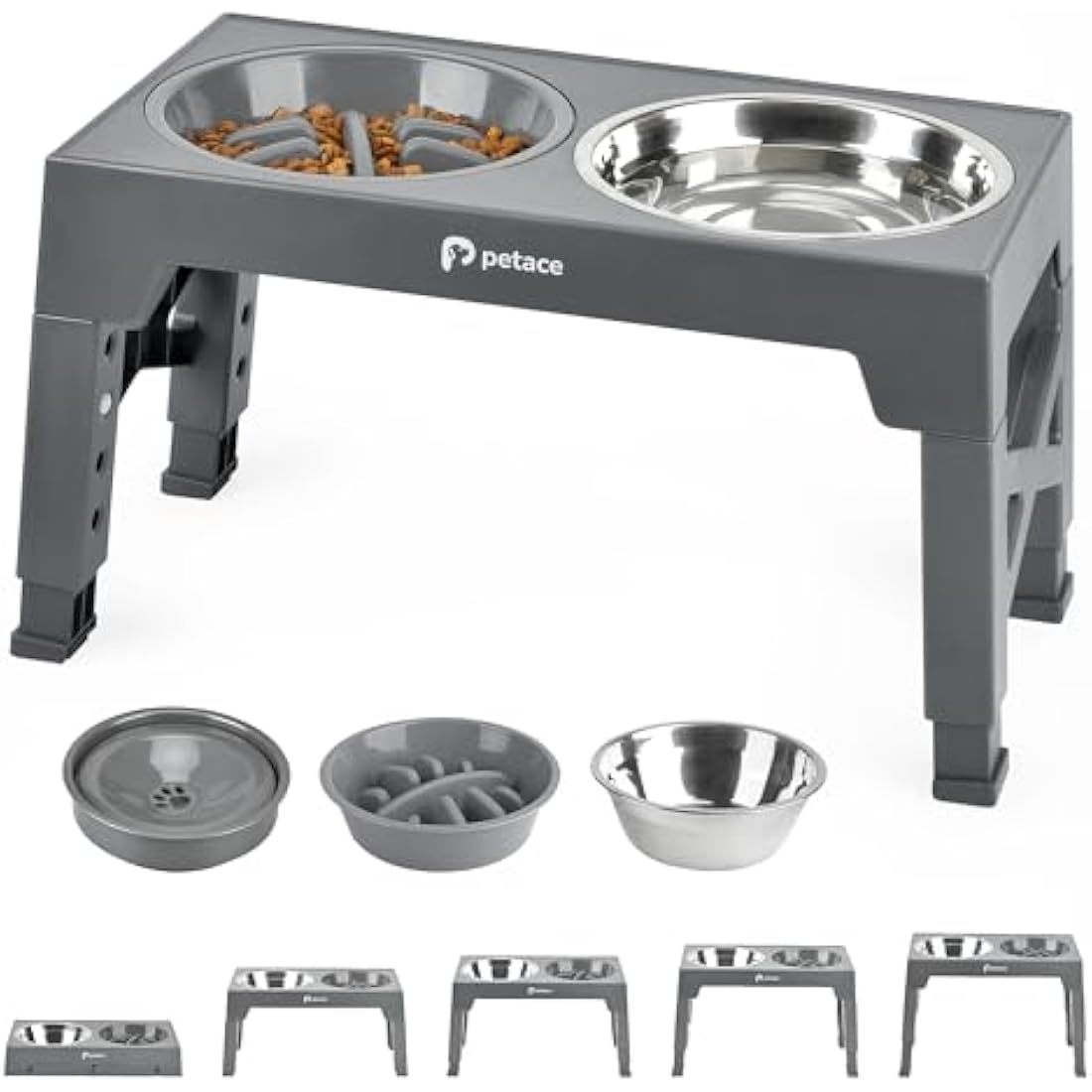 Petace Elevated Dog Bowls for Large Dogs, Raised Dog Bowl Stand with 2 Slow Feeder Bowl & Stainless Steel Dog Bowl, 5 Heights Adjustable for Small Medium Large Pets