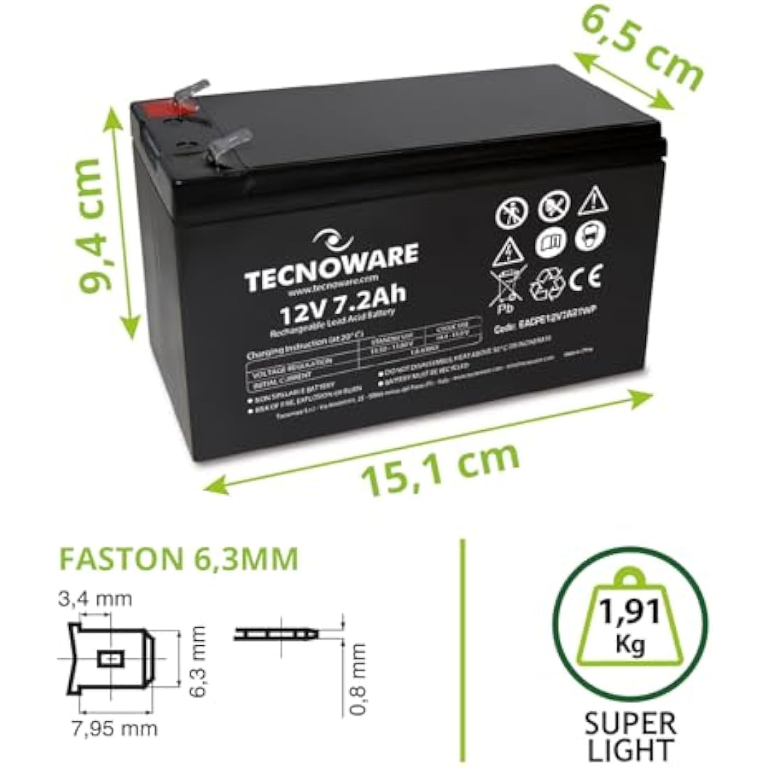 Tecnoware Power Systems - 12V Charge 7.2 Ah Lead-Acid Sealed Battery, for UPS, Video Surveillance and Alarm Systems, 2.5 Inch Faston Connection, Long Lasting, No Maintenance, Bianco, Size 7.2 Ah