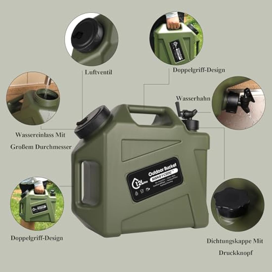 SISKEYCOOC 12L Portable Water Canister with Tap, BPA-Free Water Container, Green Water Tank, Water Spout, Multifunctional Water Container for Camping, Outdoor, Emergency Transport