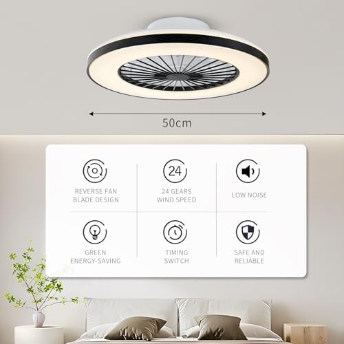 BKZO Modern LED Ceiling Light with Fan, Ceiling Fan with lamp, 24 Ventilation speeds, infinitely dimmable Light for Living Room, Bedroom, Office, 3000-5500 K, (Black Frame 50CM)