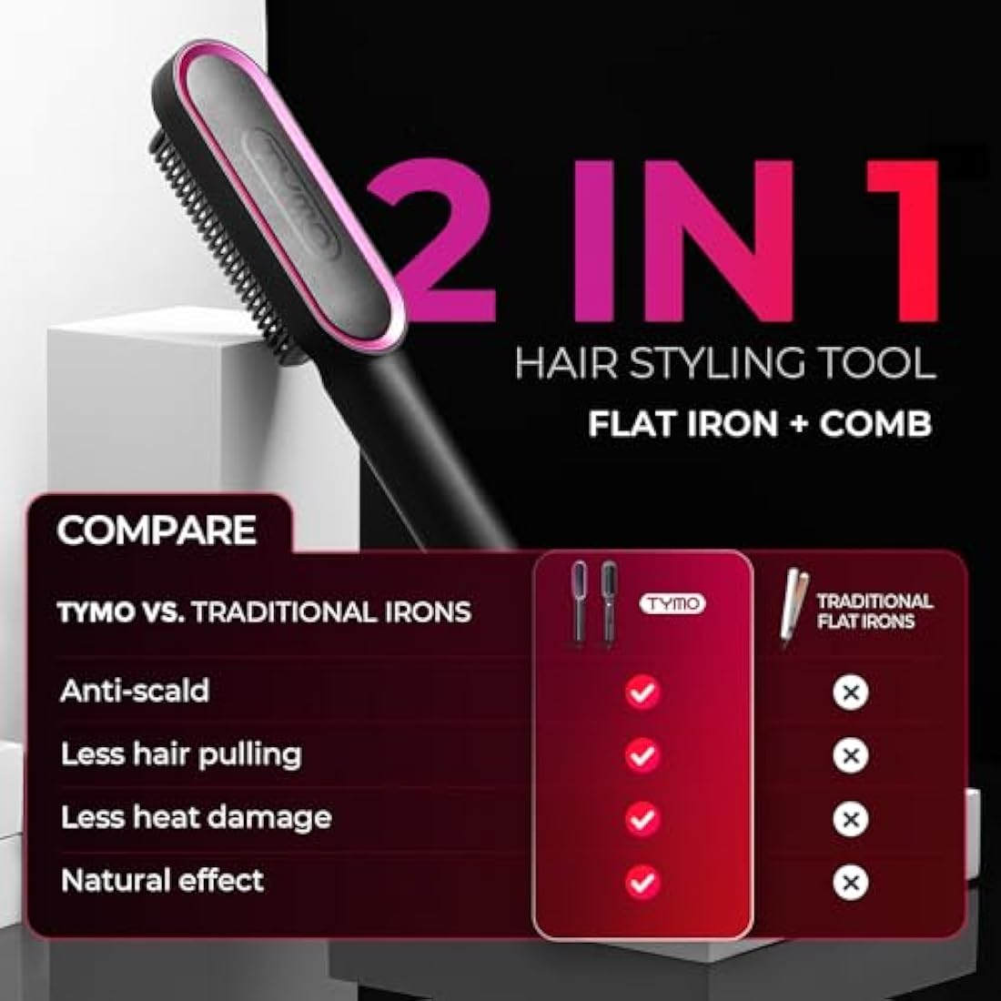 TYMO Hair Straightener Brush UK, Flat Iron and Hair Brush 2-in-1, Anti-Scald, Fast Heating, 5 Temp Settings (130℃-210℃), Professional Salon at Home, Wider Comb for Even Straightening, Black