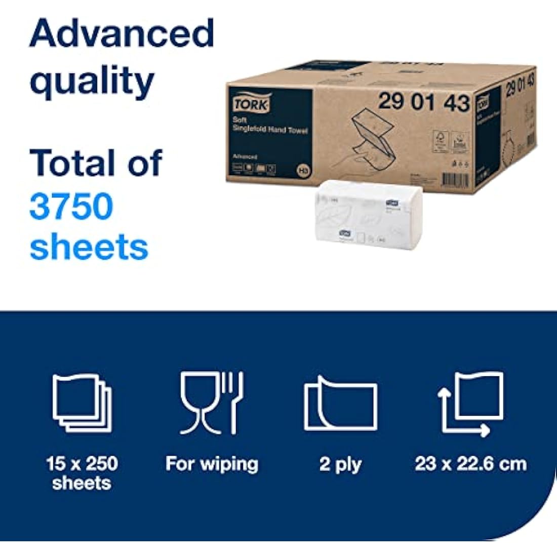 Tork Hand Towel Singlefold 2-Ply White 250 Sheets (Pack of 15) 290143