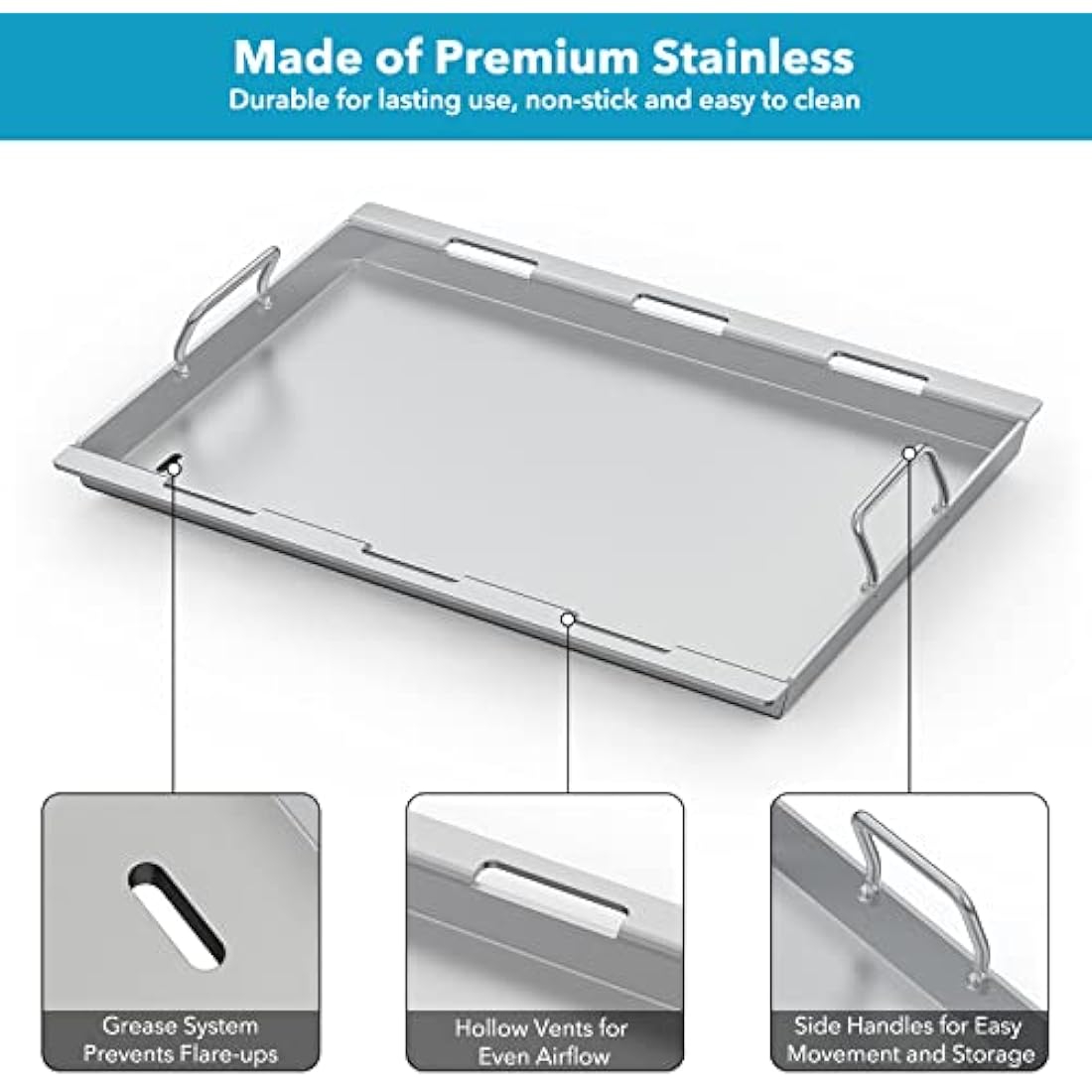 Onlyfire Stainless Steel Rectangle Griddle Plancha with Handles and Grease Hole for Weber Spirit I & II 300 Series Gas Grills, Spirit 400 Series Gas Grills, Replacement Parts for Weber 6787