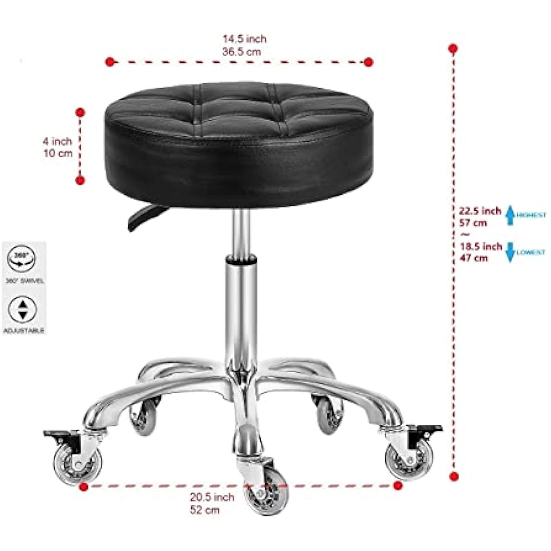 McDooFly Adjustable Heavy Duty Stool - Rolling Stools with Locking Caster Wheels - Swivel Stools Backless Chair for Beauty Hair Salon Spa Home Kitchen Office Shop Massage(Black, Height 47 to 57cm)