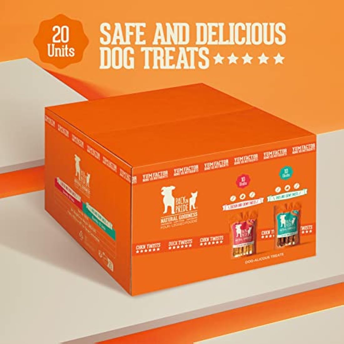 PACK'N PRIDE Dog Treats Chewy Twists, 20 Pack*90g=1.8kg, Rawhide Dog Chews with Natural Chicken&Duck Meat Winded, Low-Fat, and High in Protein for Small&Medium&Large Dogs