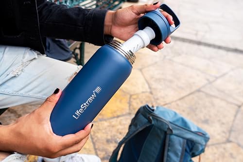 LifeStraw Go Series — Insulated Stainless Steel Water Filter Bottle for Travel and Everyday Use Removes Bacteria, Parasites and Microplastics, Improves Taste, 24oz Aegean Sea