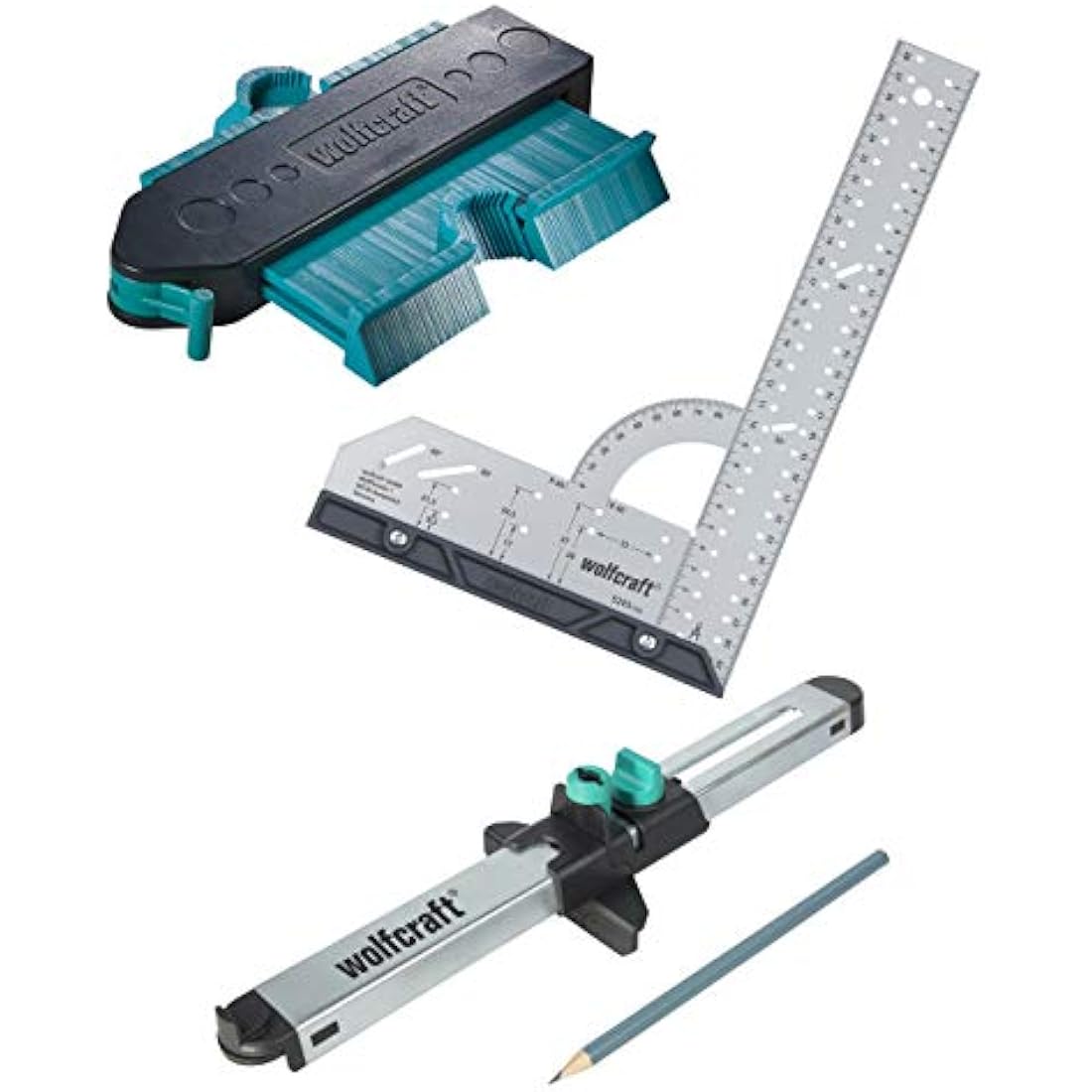 wolfcraft “Fitting Laminate and Design Flooring” Success Kit I 6976000 I Complete Set consisting of Universal Angle & Try Square, Contour Gauge and Laminate Fitter