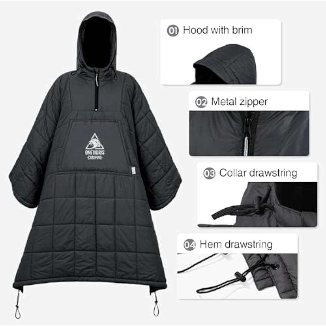 OneTigris Camping Blanket Poncho with Recycled 3M Thinsulate Insulation,Wearable Hoodie Blanket | Ultralight Water-Resistant Warm Camping Blanket for Outdoor, Hiking, Stadium