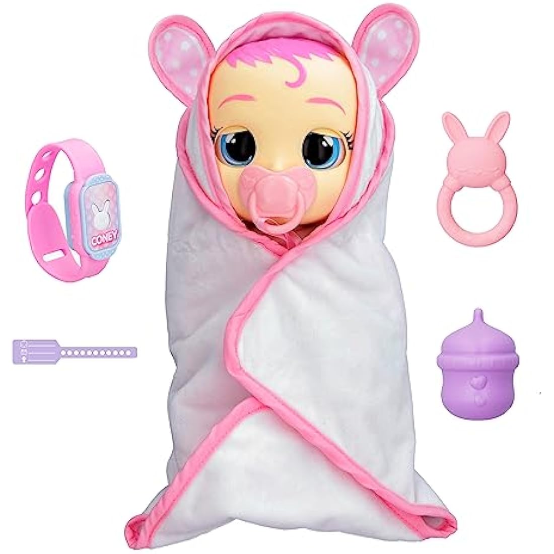 Cry Babies Newborn Coney - Deluxe Interactive Newborn Doll with A Smart Bracelet, Real Tears and Baby Accessories-Gift Toy for Girls and Boys Ages 18 Months and Up, Pink