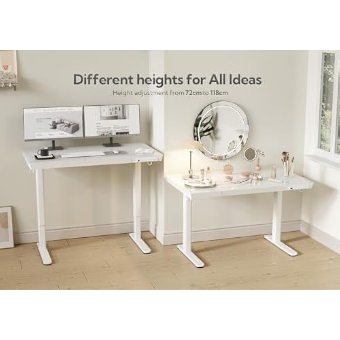 Claiks Glass Standing Desk with Drawers, 120×60 cm Adjustable Stand Up Desk, Quick Install Home Office Computer Desk with USB Ports, White