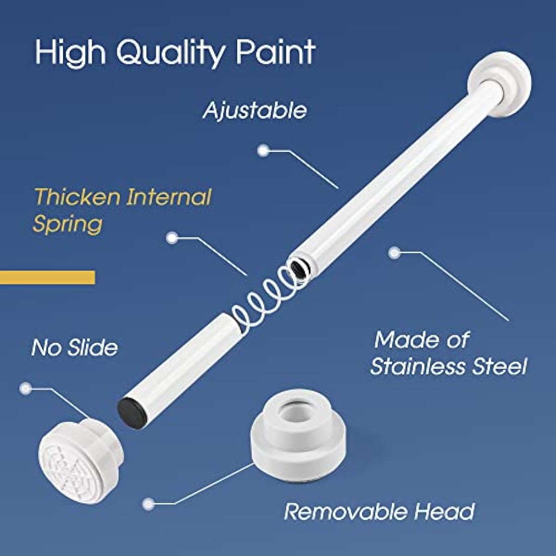 Stainless Steel Extendable Shower Curtain Pole 105-175cm Tension Rods for Curtains Telescopic Curtain Poles No Drilling Adjustable Shower Curtain Rail for Kitchen Closet Bathroom Window, White