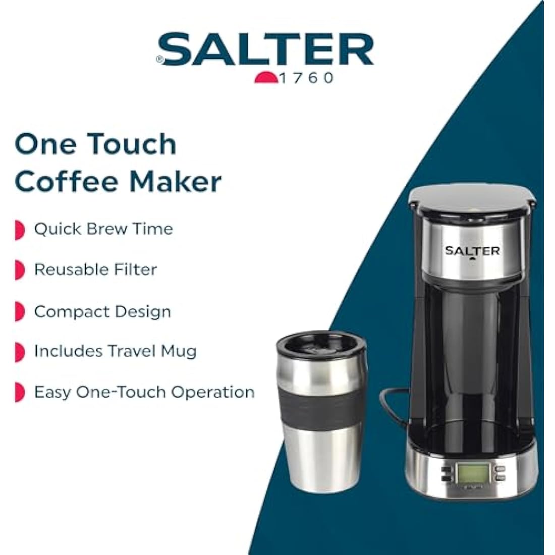 Salter EK2732 Personal Coffee Machine - One Cup Filter Coffee Maker, Includes 420ml Stainless Steel Travel Mug, Removable & Washable Filter, Quick Brew In 3-4 Mins, Compatible With Ground Coffee, 750W