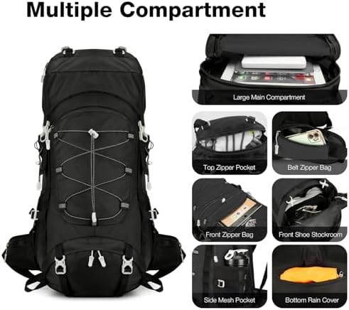 Outplea 60L Hiking Backpack Waterproof for Men Women, Large Camping Backpack with Rain Cover, Mesh Back Hiking Backpack for Travel Trekking Backpacking