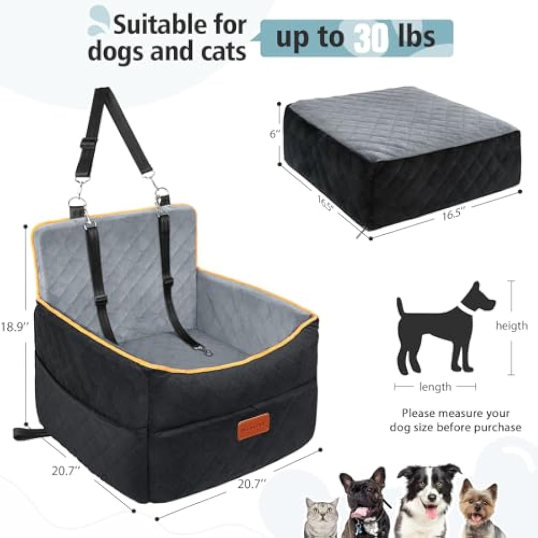 HEGGCOOE Small Dog Car Seat, Memory Foam Dog Booster Seats with Thick Cushion for Medium Dogs Under 35lbs, Detachable Washable Pet Car Seat with Storage Pockets,2 Safety Belts