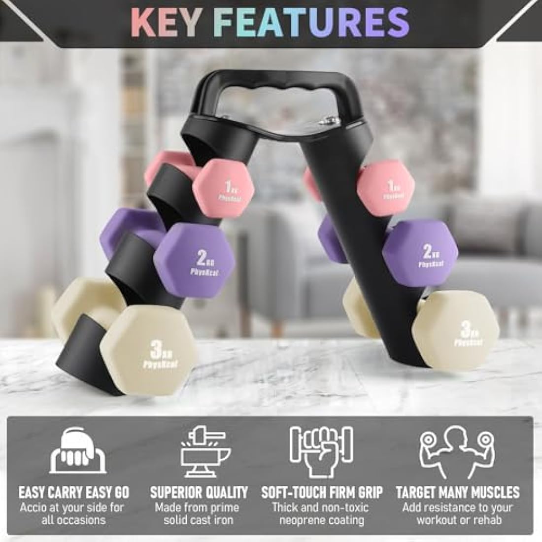 PhysKcal Dumbbells Set with Storage Rack, Hand Weights Set for Home, Gym & Studio