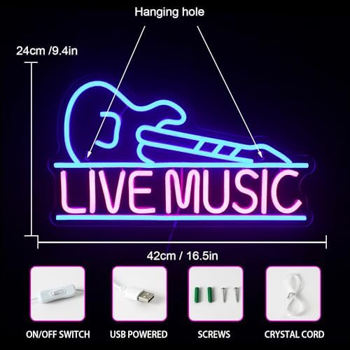 Live Music Neon Signs Blue Pink Music LED Neon Lights Letters Neon Sign Guitar Shaped Light up Sign for Bar Music Stadio Nightclub Party Wall Decor Gift for Boys Girls
